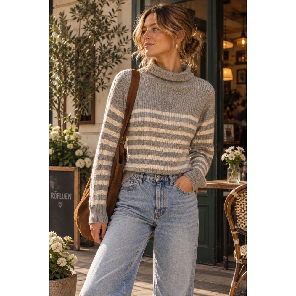 Ann Taylor Gray Striped Wool Cashmere Funnel Neck Sweater Medium